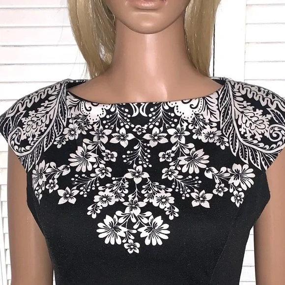 London Style Collection Black White Floral Cap Sleeve Sheath Dress Size 12 - Picture 2 of 7